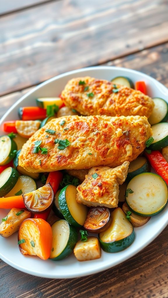 Crispy air fryer chicken with roasted vegetables served on a plate, garnished with herbs.